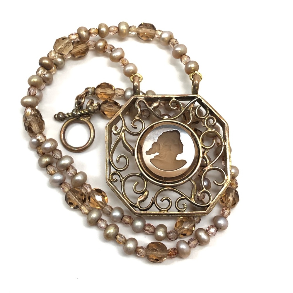 Extasia Cameo Pearl Crystal Necklace Glass Taupe Intaglio Portia Pendant, Brass